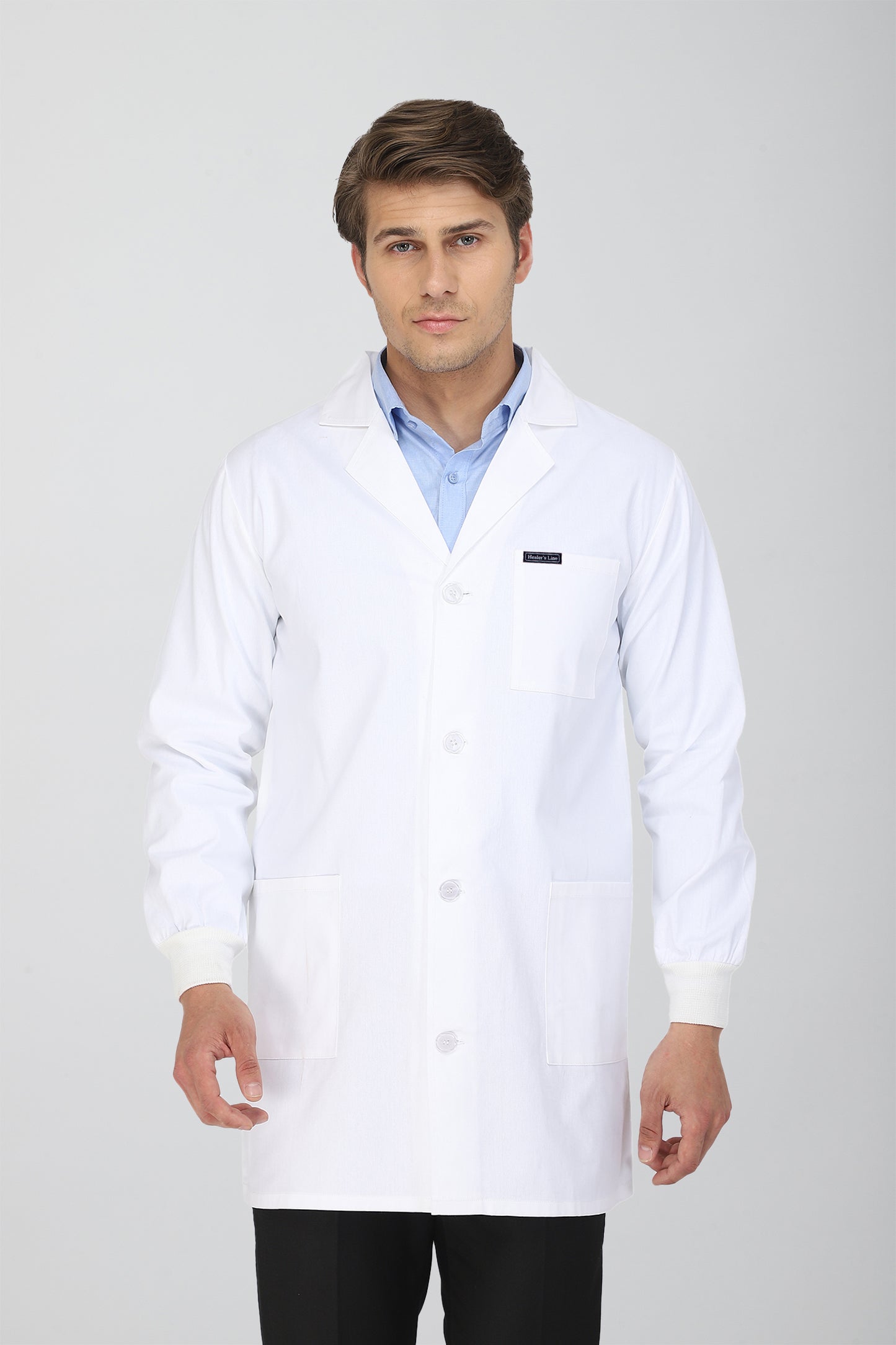 Men's Lab Coat Apron (Button Closure) Full Sleeve with Knit Cuffs - Length 34"