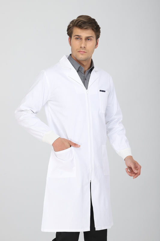 Men's Lab Coat Apron (Zipper Closure) Full Sleeve with Knit Cuffs - Length 41"
