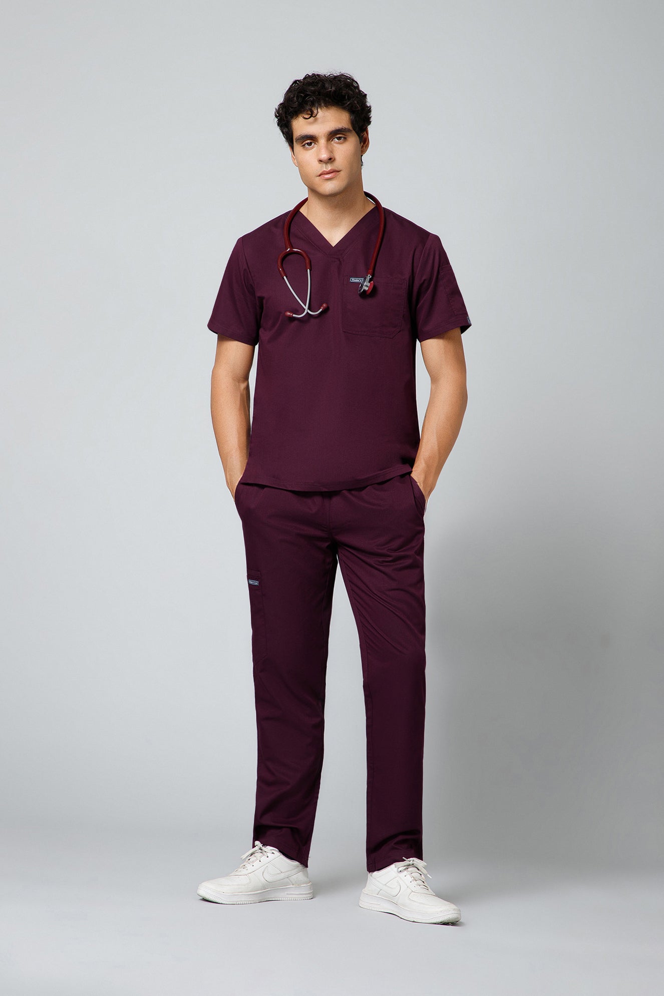 Classic Men’s V-Neck Scrub Suit (Dark Plum) PRH Fabric