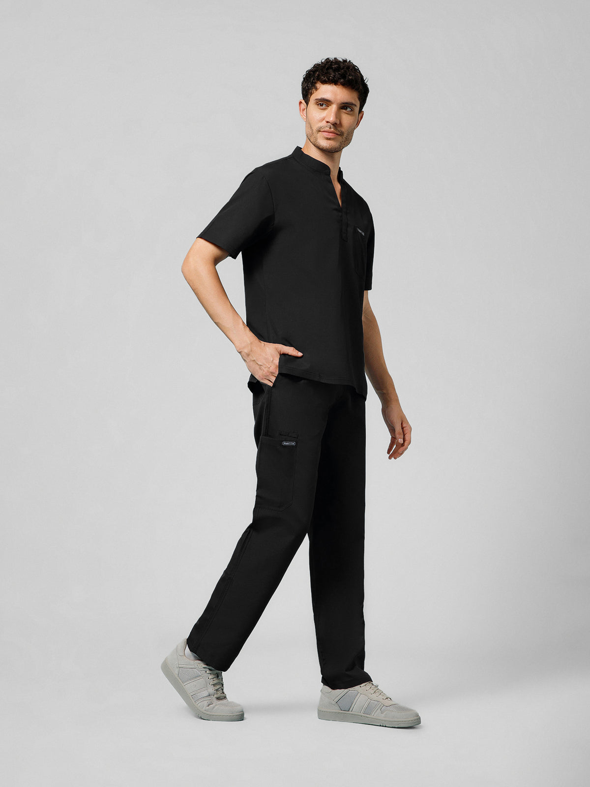 Men’s Mandarin Collar Scrub Suit (Black) LFP Fabric