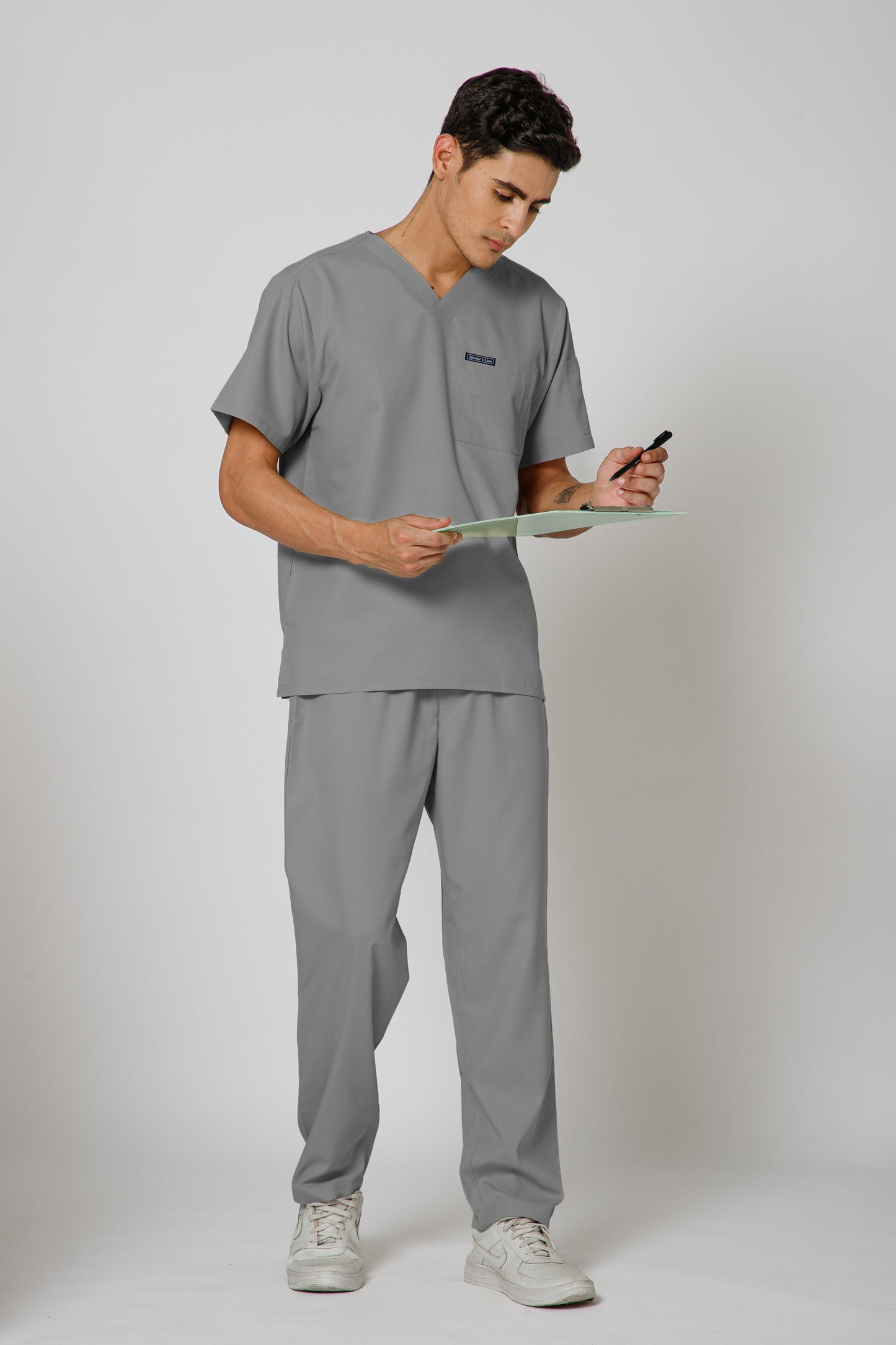 Classic Men’s V-Neck Scrub Suit (Light Grey)