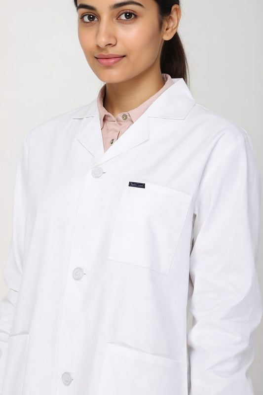 Women's Lab Coat Apron (Button Closure) Full Sleeve with Knit Cuffs - Length 28"