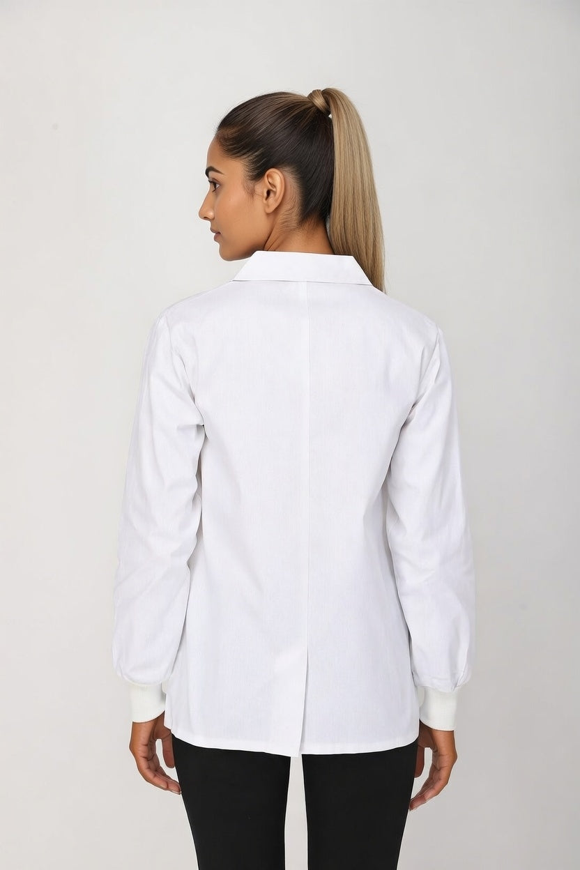 Women's Lab Coat Apron (Button Closure) Full Sleeve with Knit Cuffs - Length 28"