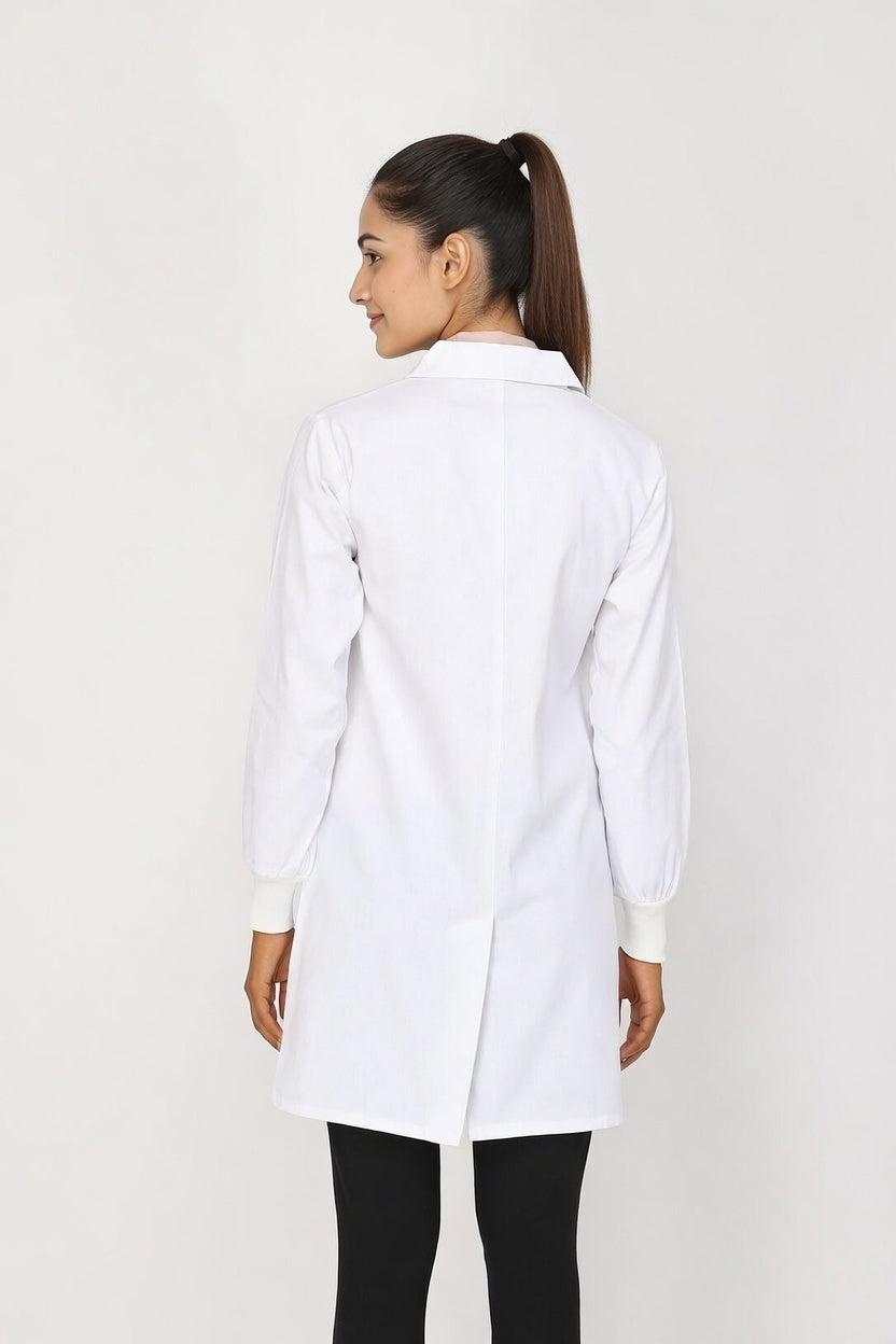 Women's Lab Coat Apron (Button Closure) Full Sleeve with Knit Cuffs - Length 35"