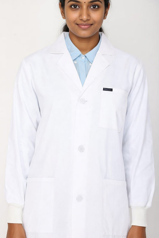 Women's Lab Coat Apron (Button Closure) Full Sleeve with Knit Cuffs - Length 37"