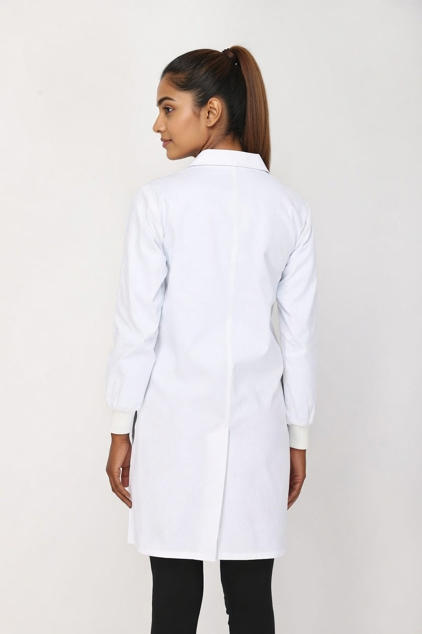 Women's Lab Coat Apron (Button Closure) Full Sleeve with Knit Cuffs - Length 37"