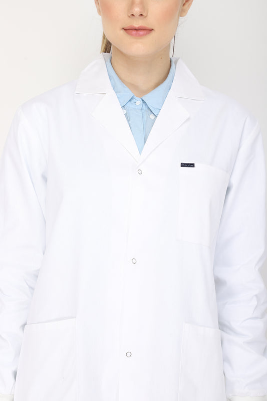 Women's Lab Coat Apron (Snap Closure) Full Sleeve with Knit Cuffs - Length 28"