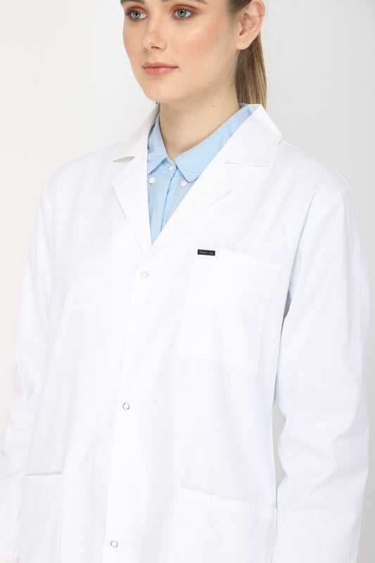 Women's Lab Coat Apron (Snap Closure) Full Sleeve with Knit Cuffs - Length 32"