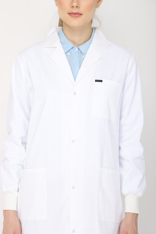 Women's Lab Coat Apron (Snap Closure) Full Sleeve with Knit Cuffs - Length 37"