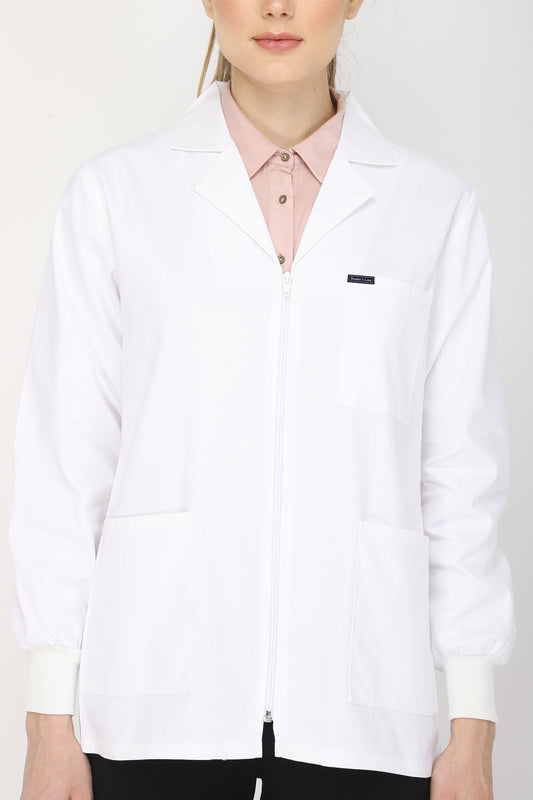 Women's Lab Coat Apron (Zipper Closure) Full Sleeve with Knit Cuffs - Length 28"