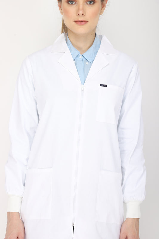 Women's Lab Coat Apron (Zipper Closure) Full Sleeve with Knit Cuffs - Length 35"