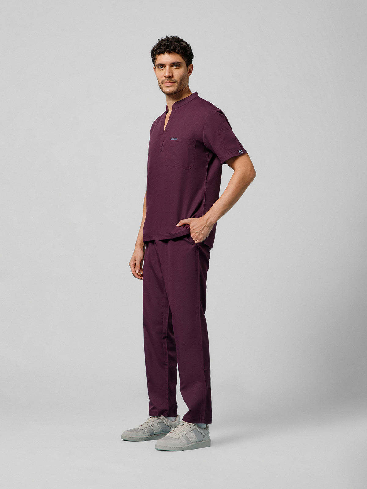 Men’s Mandarin Collar Scrub Suit (Wine) LFP Fabric