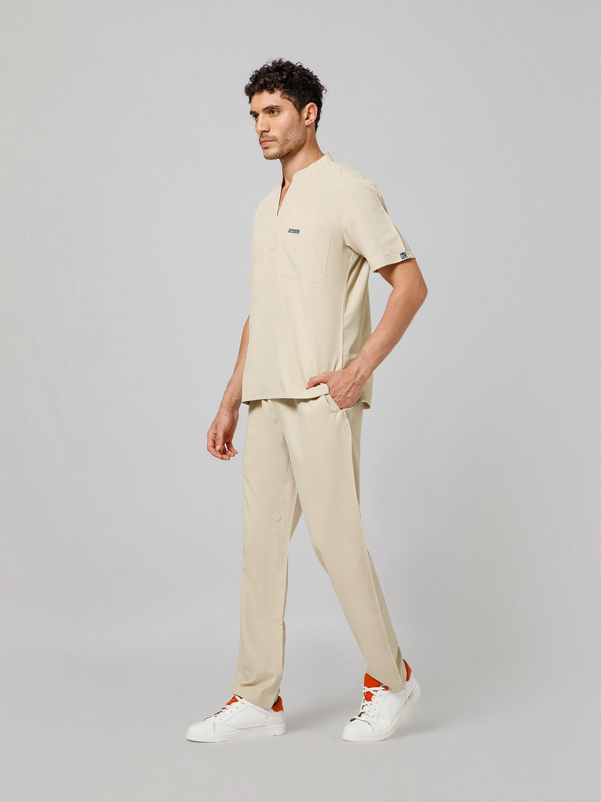 Men’s Mandarin Collar Scrub Suit (Beige) LFP Fabric