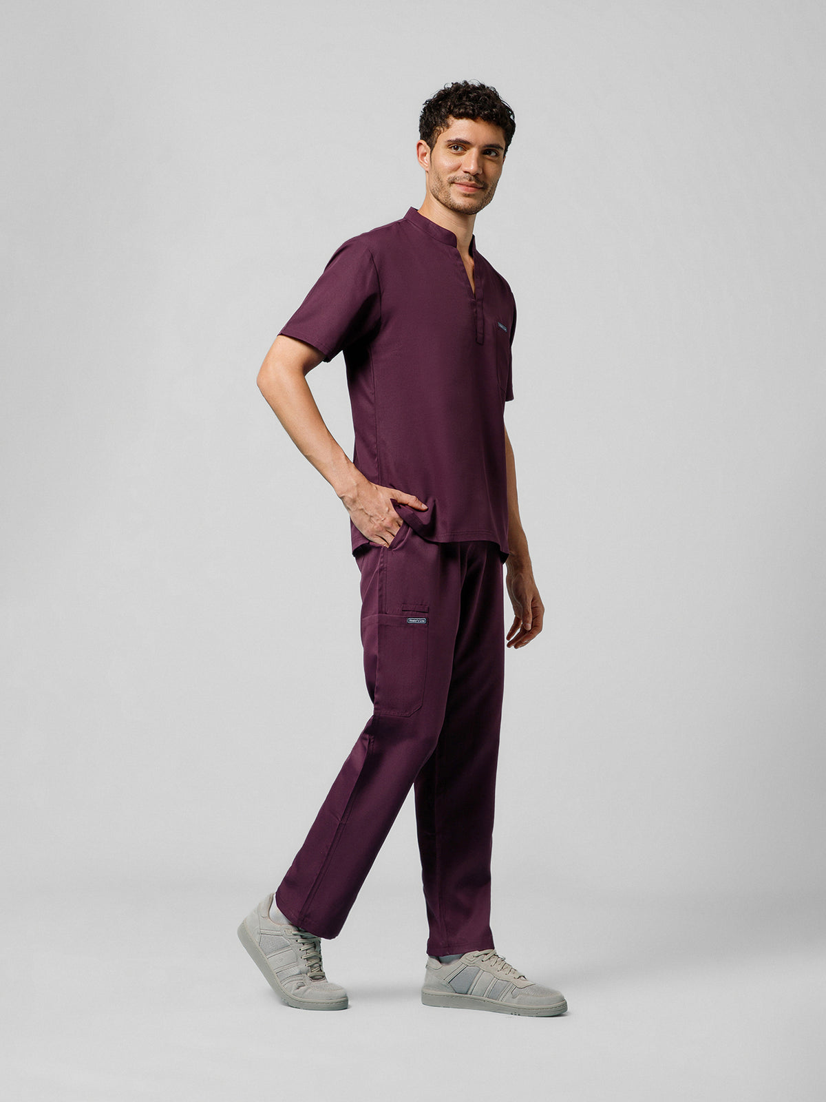 Men’s Mandarin Collar Scrub Suit (Wine) LFP Fabric