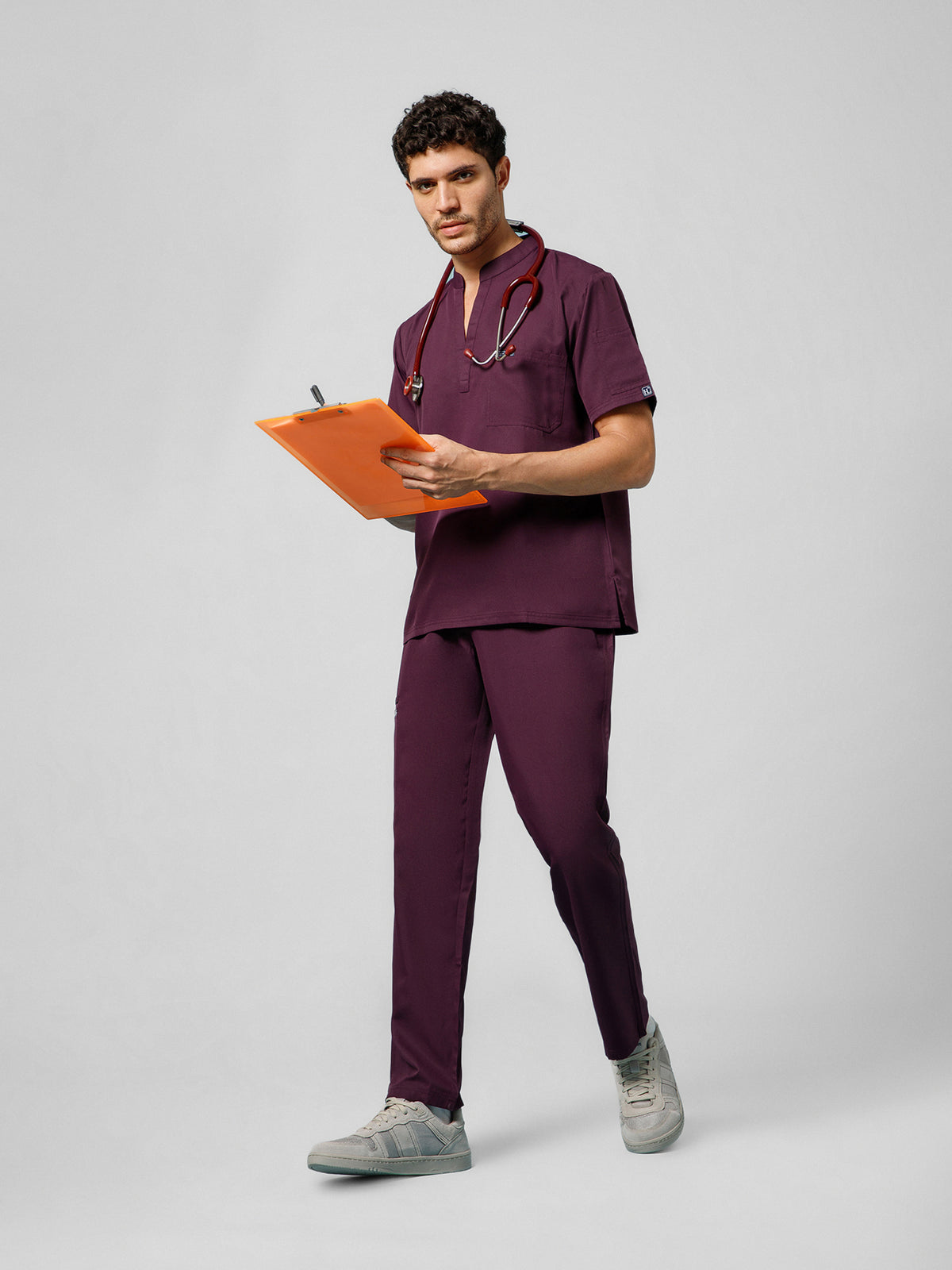 Men’s Mandarin Collar Scrub Suit (Wine) LFP Fabric