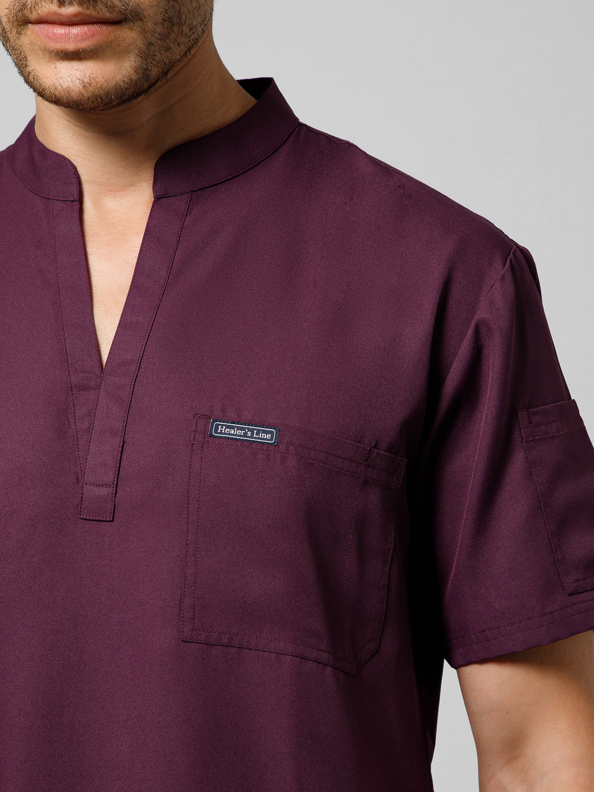 Men’s Mandarin Collar Scrub Suit (Wine) LFP Fabric
