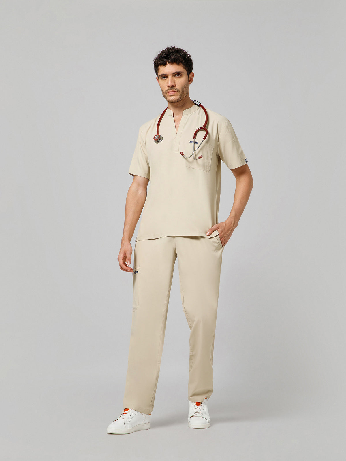 Men’s Mandarin Collar Scrub Suit (Beige) LFP Fabric