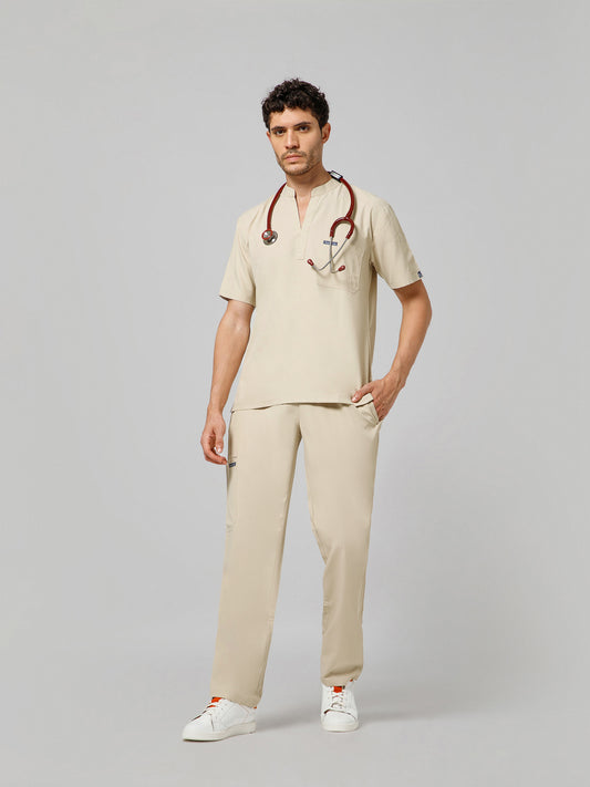 Men’s Mandarin Collar Scrub Suit (Beige) LFP Fabric