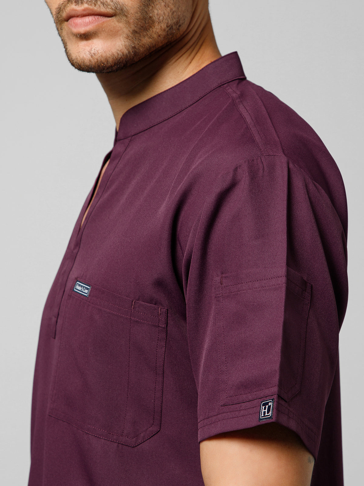 Men’s Mandarin Collar Scrub Suit (Wine) LFP Fabric