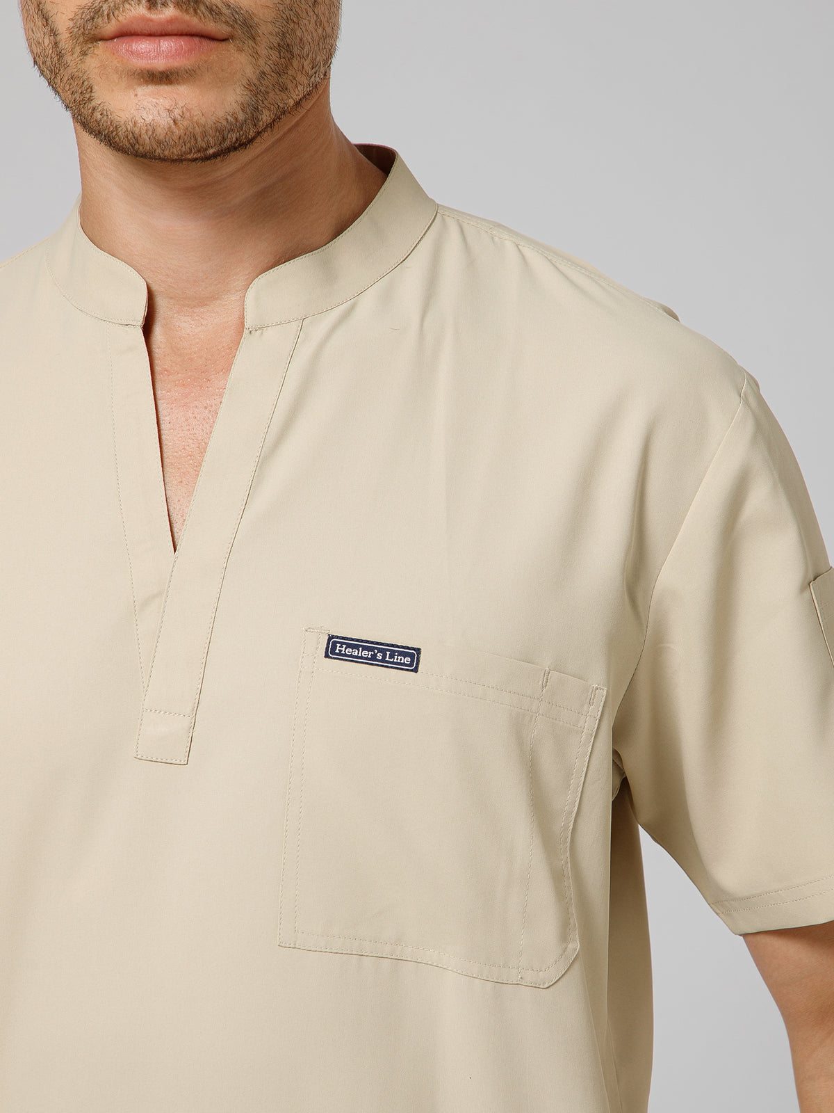 Men’s Mandarin Collar Scrub Suit (Beige) LFP Fabric