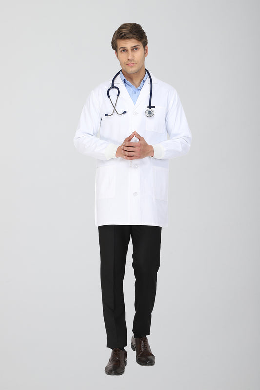 Men's Lab Coat Apron (Button Closure) Full Sleeve with Knit Cuffs - Length 34"