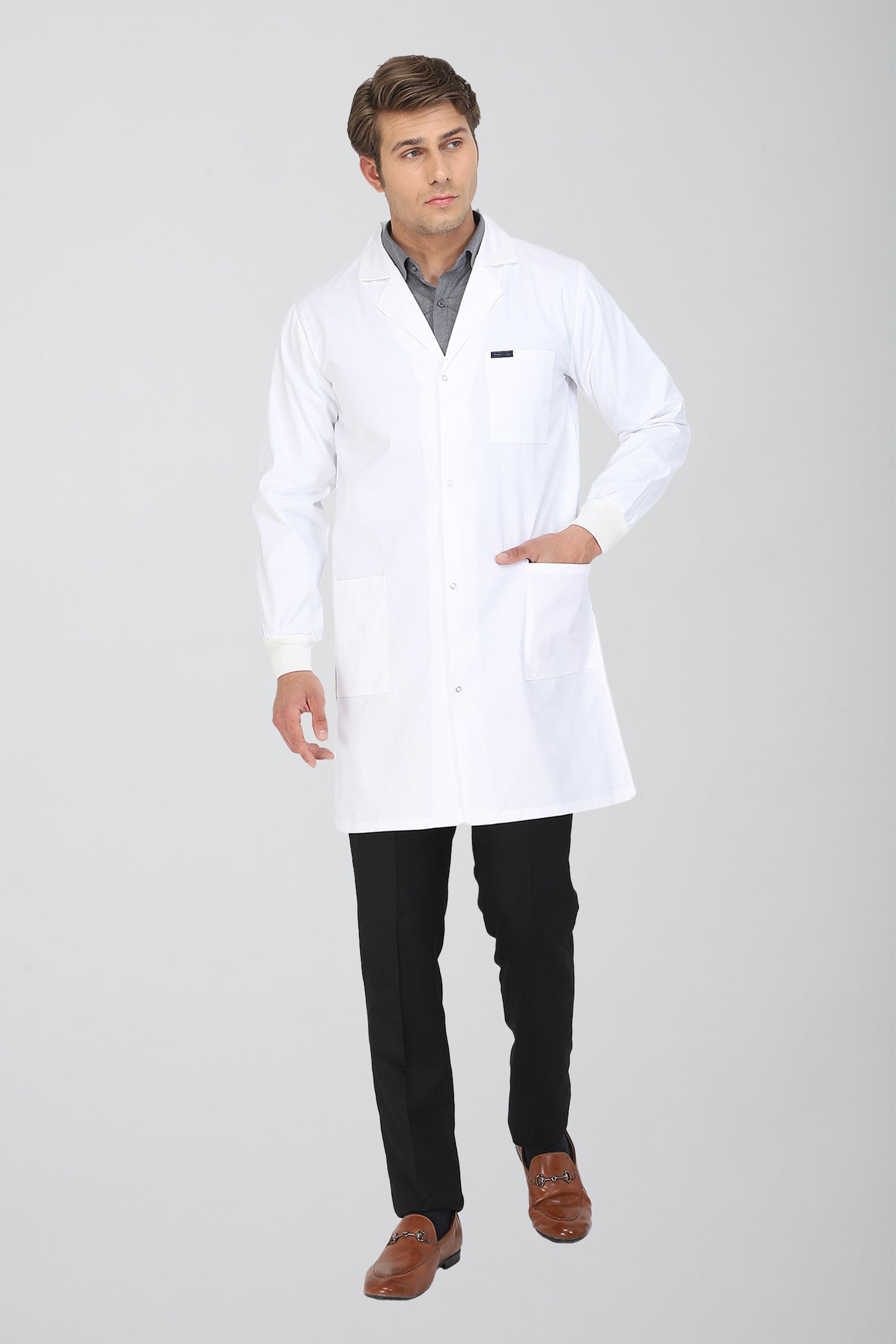 Men's Lab Coat Apron (Snap Closure) Full Sleeve with Knit Cuffs - Length 37"