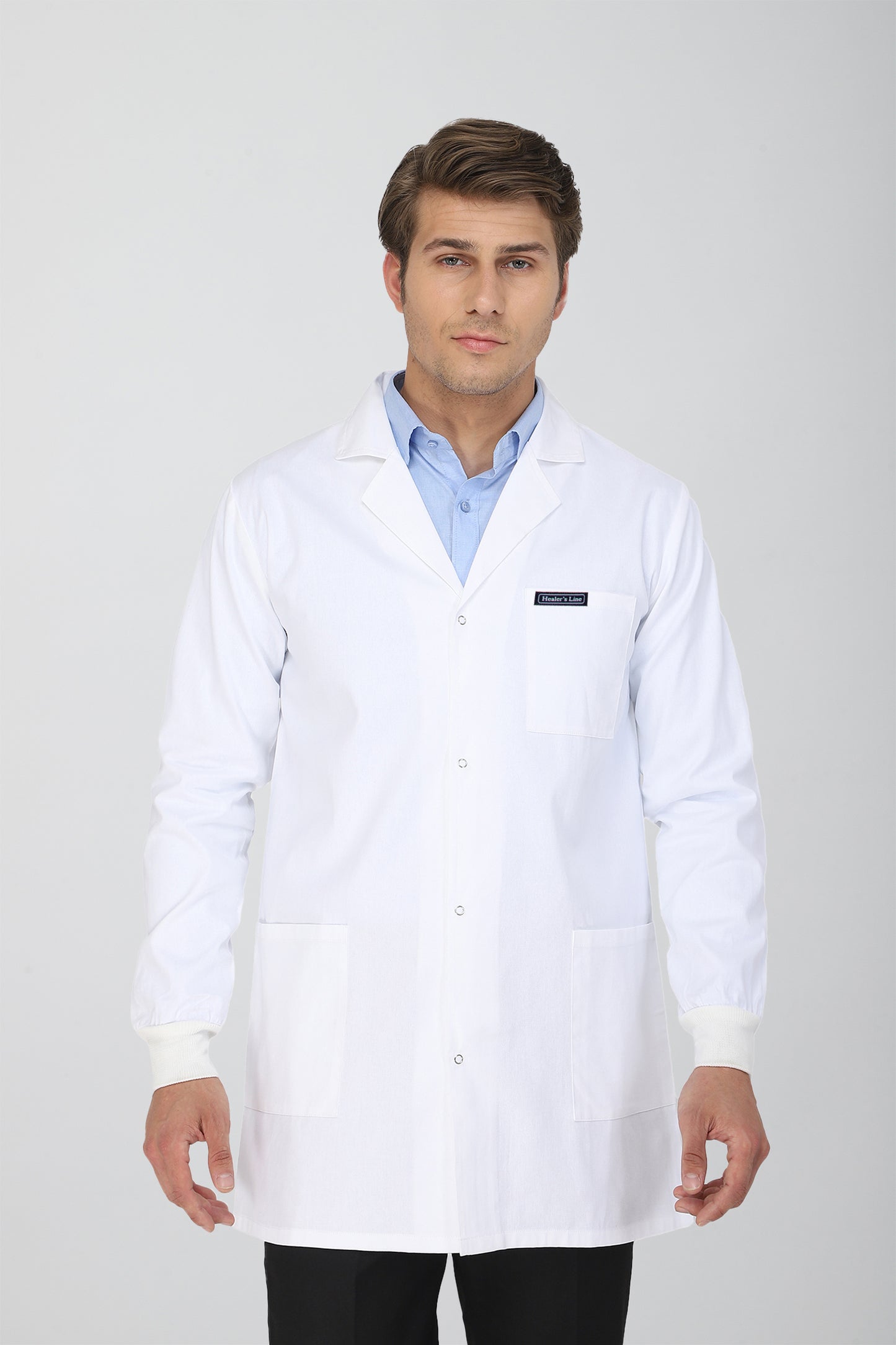 Men's Lab Coat Apron (Snap Closure) Full Sleeve with Knit Cuffs - Length 34"