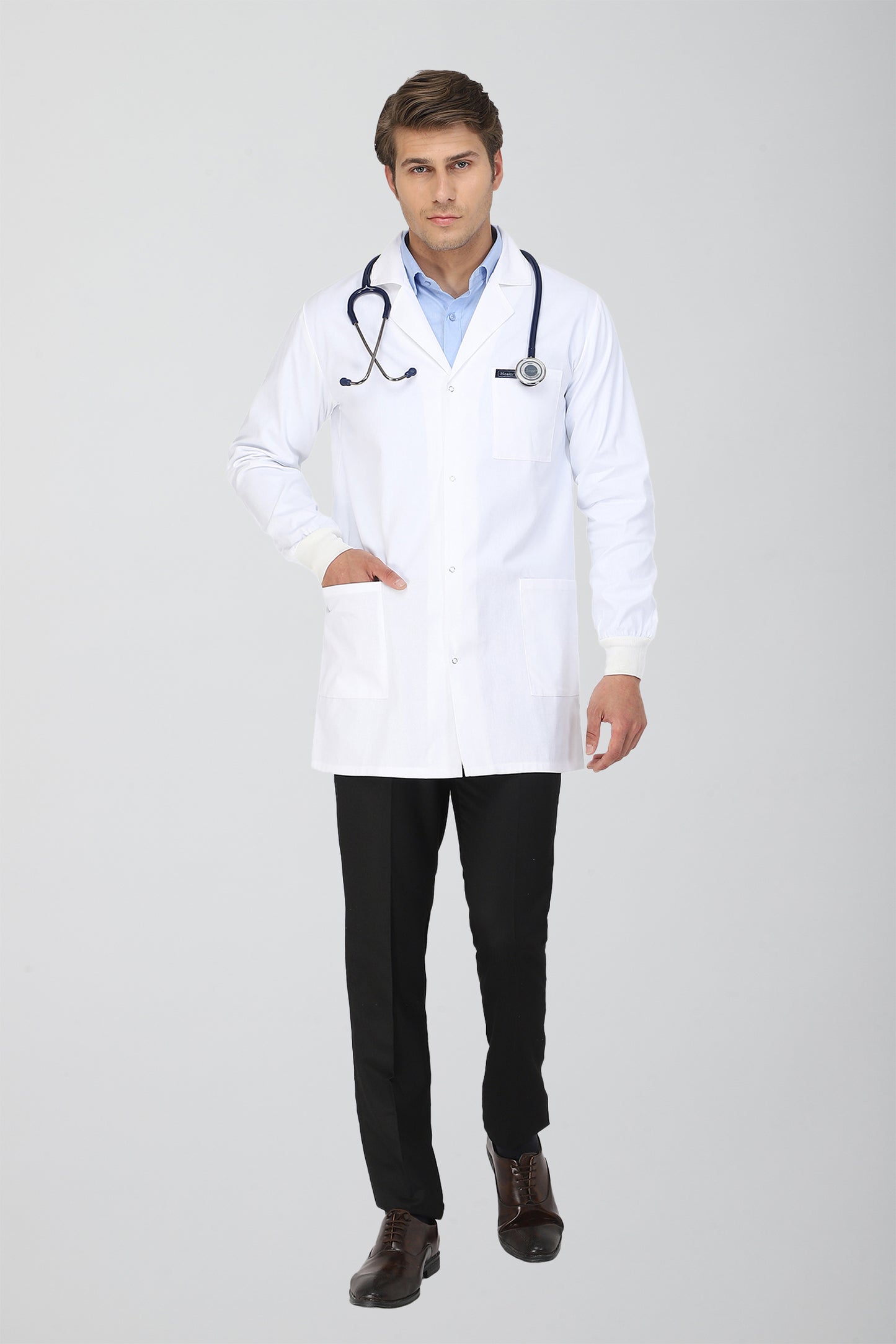 Men's Lab Coat Apron (Snap Closure) Full Sleeve with Knit Cuffs - Length 34"