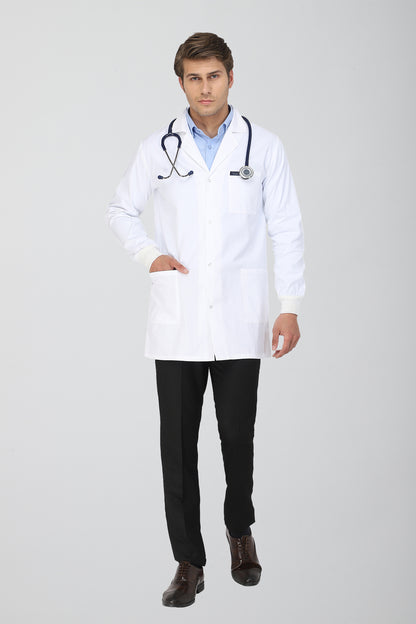 Men's Lab Coat Apron (Snap Closure) Full Sleeve with Knit Cuffs - Length 34"