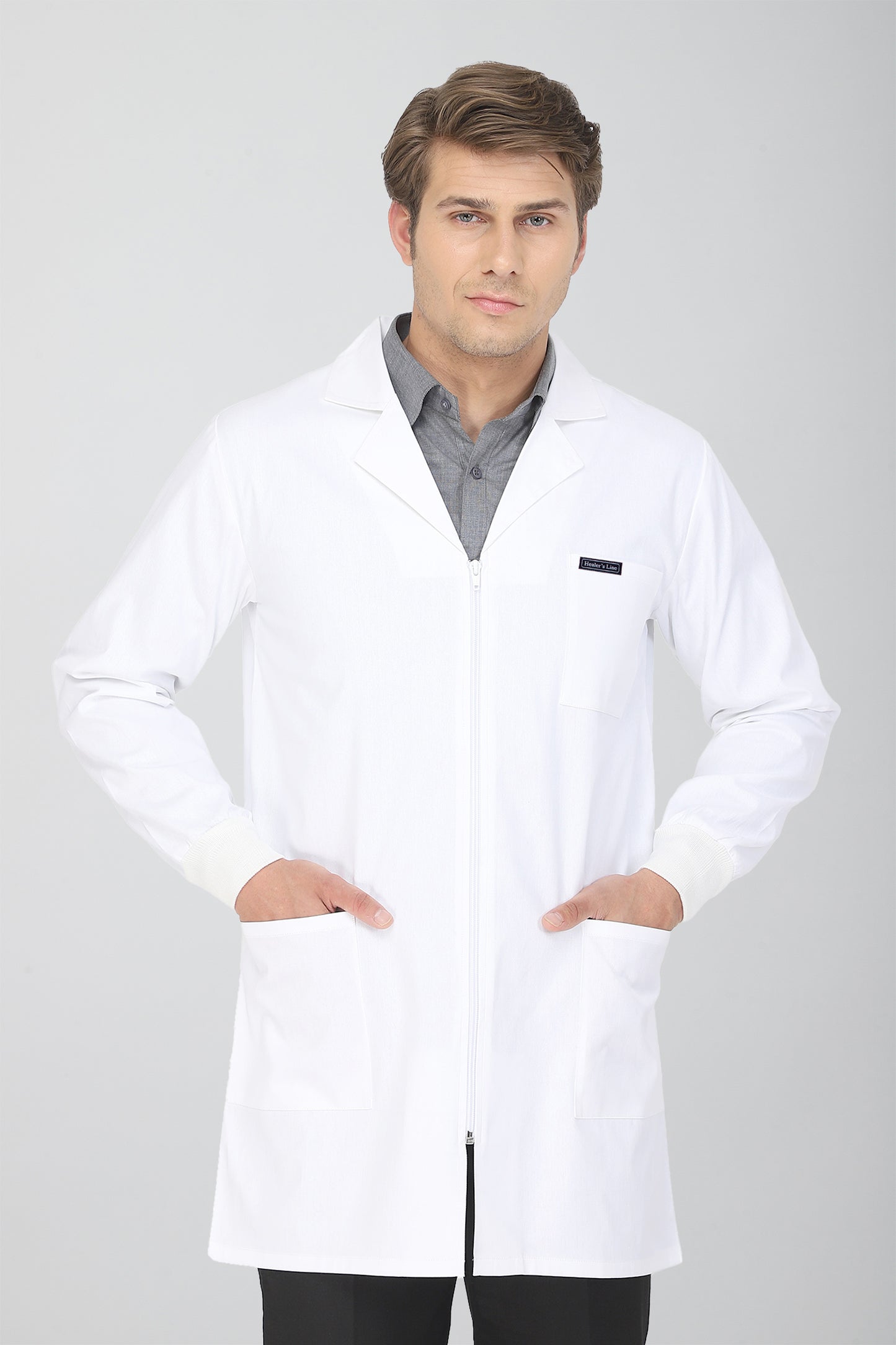 Men's Lab Coat Apron (Zipper Closure) Full Sleeve with Knit Cuffs - Length 34"