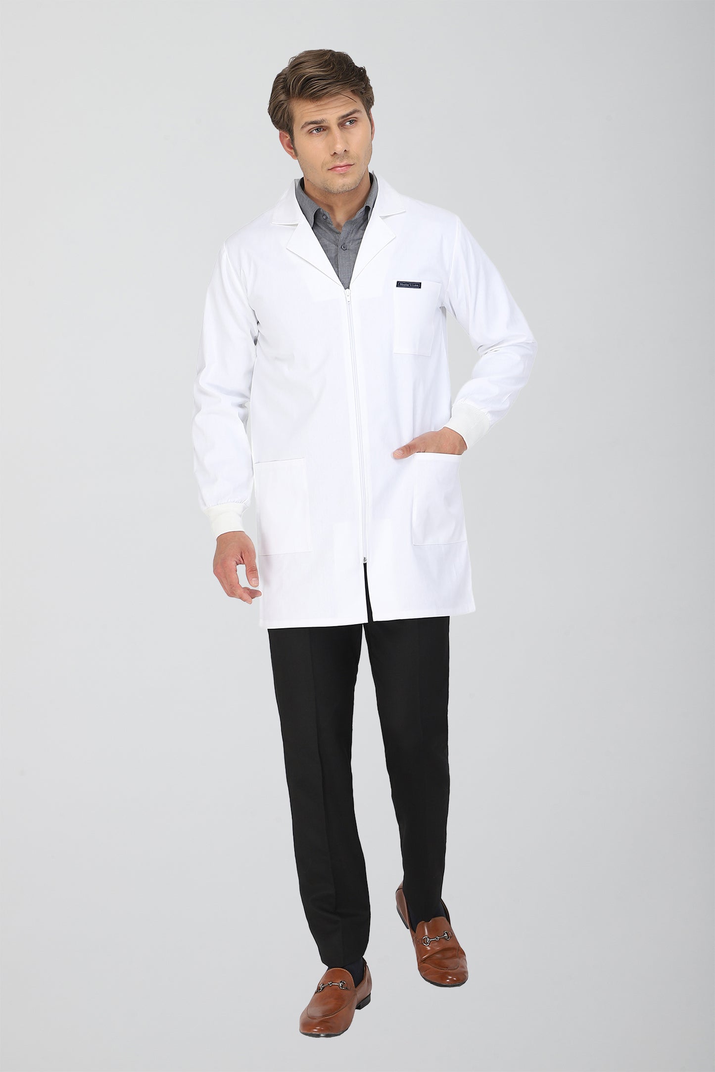 Men's Lab Coat Apron (Zipper Closure) Full Sleeve with Knit Cuffs - Length 34"