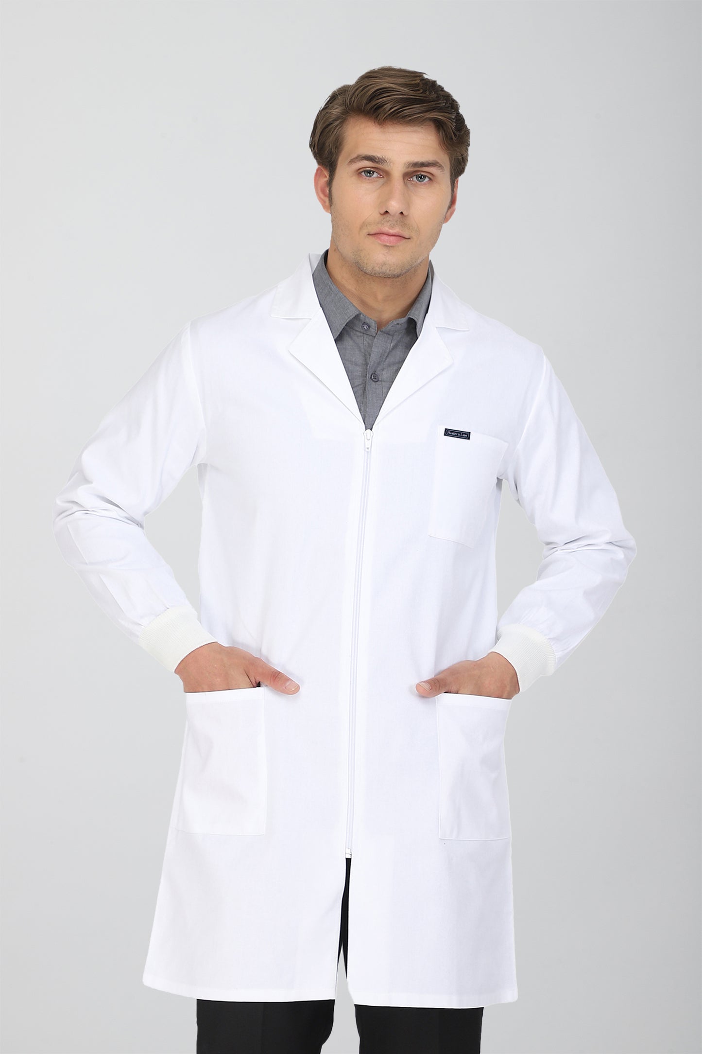 Men's Lab Coat Apron (Zipper Closure) Full Sleeve with Knit Cuffs - Length 37"