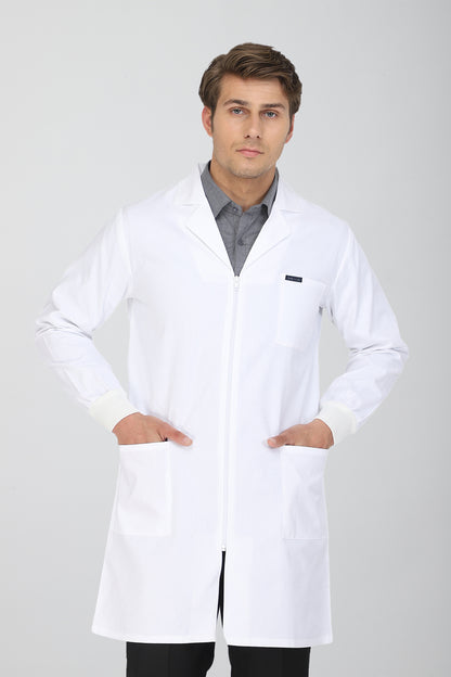Men's Lab Coat Apron (Zipper Closure) Full Sleeve with Knit Cuffs - Length 37"