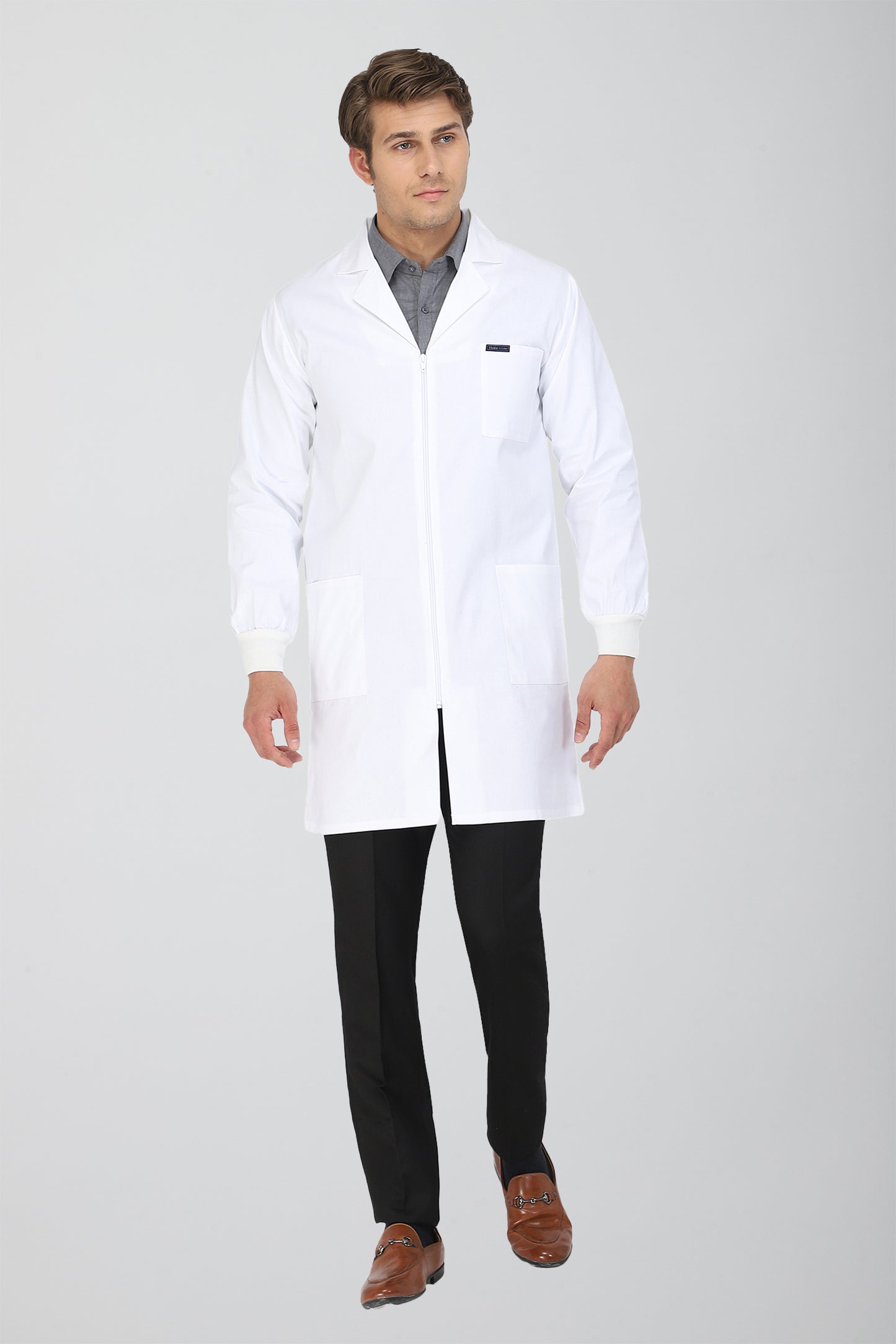 Men's Lab Coat Apron (Zipper Closure) Full Sleeve with Knit Cuffs - Length 37"