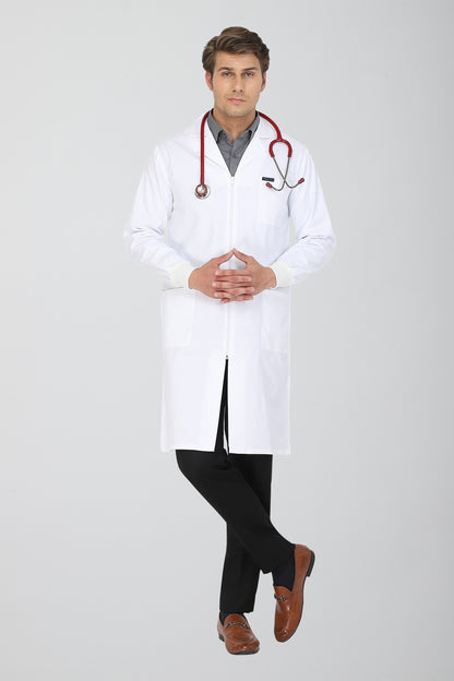Men's Lab Coat Apron (Zipper Closure) Full Sleeve with Knit Cuffs - Length 41"