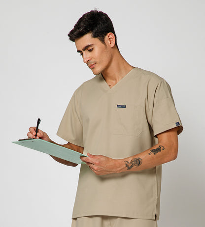 Healer's Line Classic Men’s V-Neck Scrub Top (Beige)