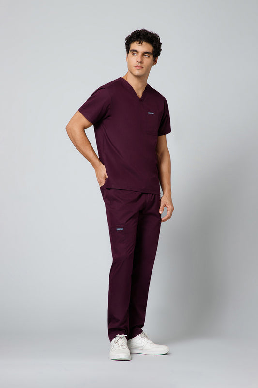 Classic Men’s V-Neck Scrub Suit (Dark Plum) PRH Fabric