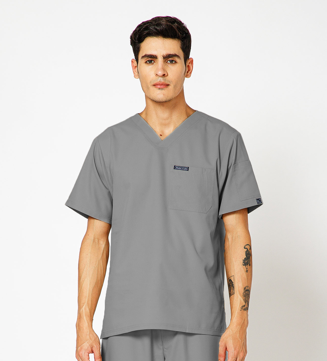 Healer's Line Classic Men’s V-Neck Scrub Top (Light Grey)