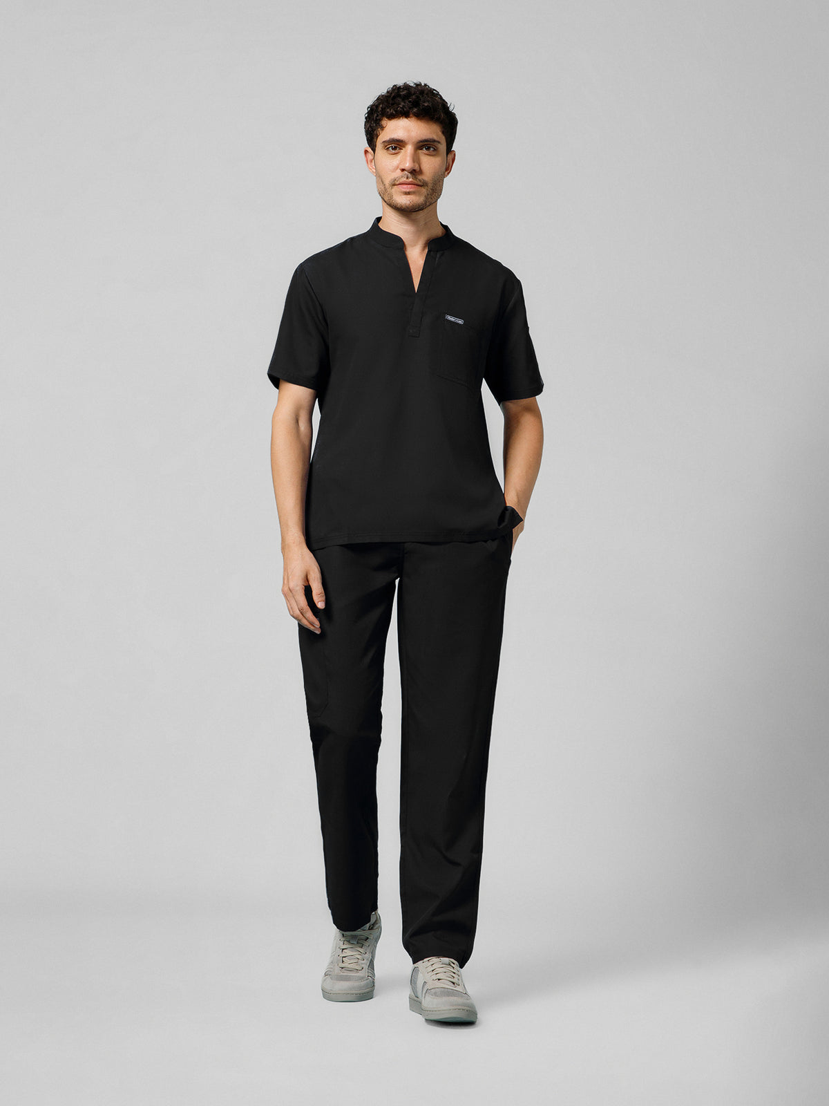 Men’s Mandarin Collar Scrub Suit (Black) LFP Fabric