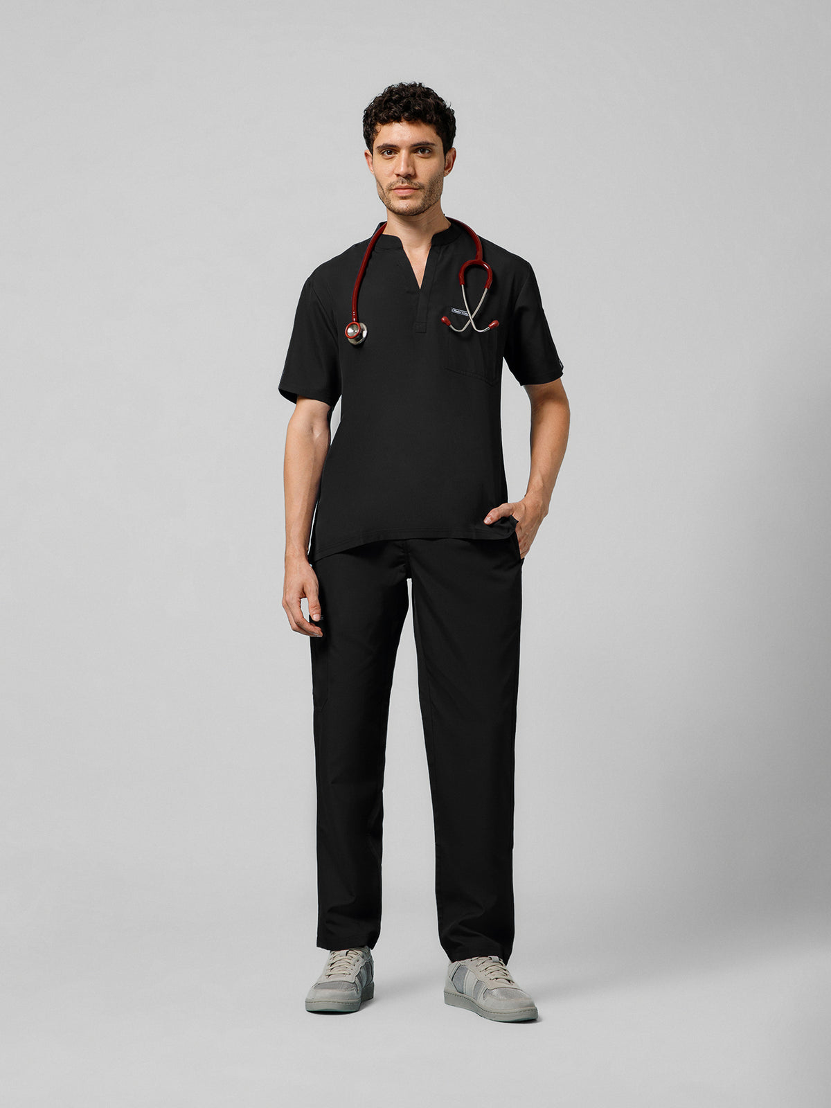 Men’s Mandarin Collar Scrub Suit (Black) LFP Fabric