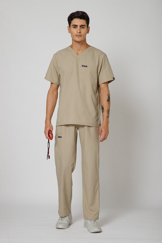 Classic Men’s V-Neck Scrub Suit (Beige)