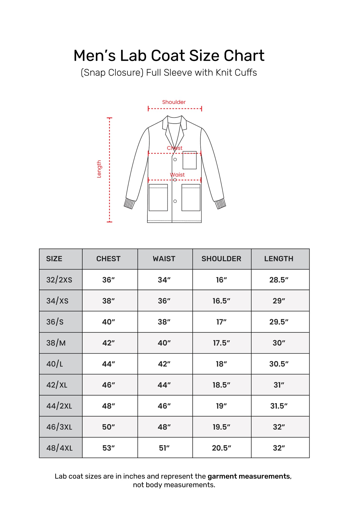 Men's Lab Coat Apron (Snap Closure) Full Sleeve with Knit Cuffs - Length 30"
