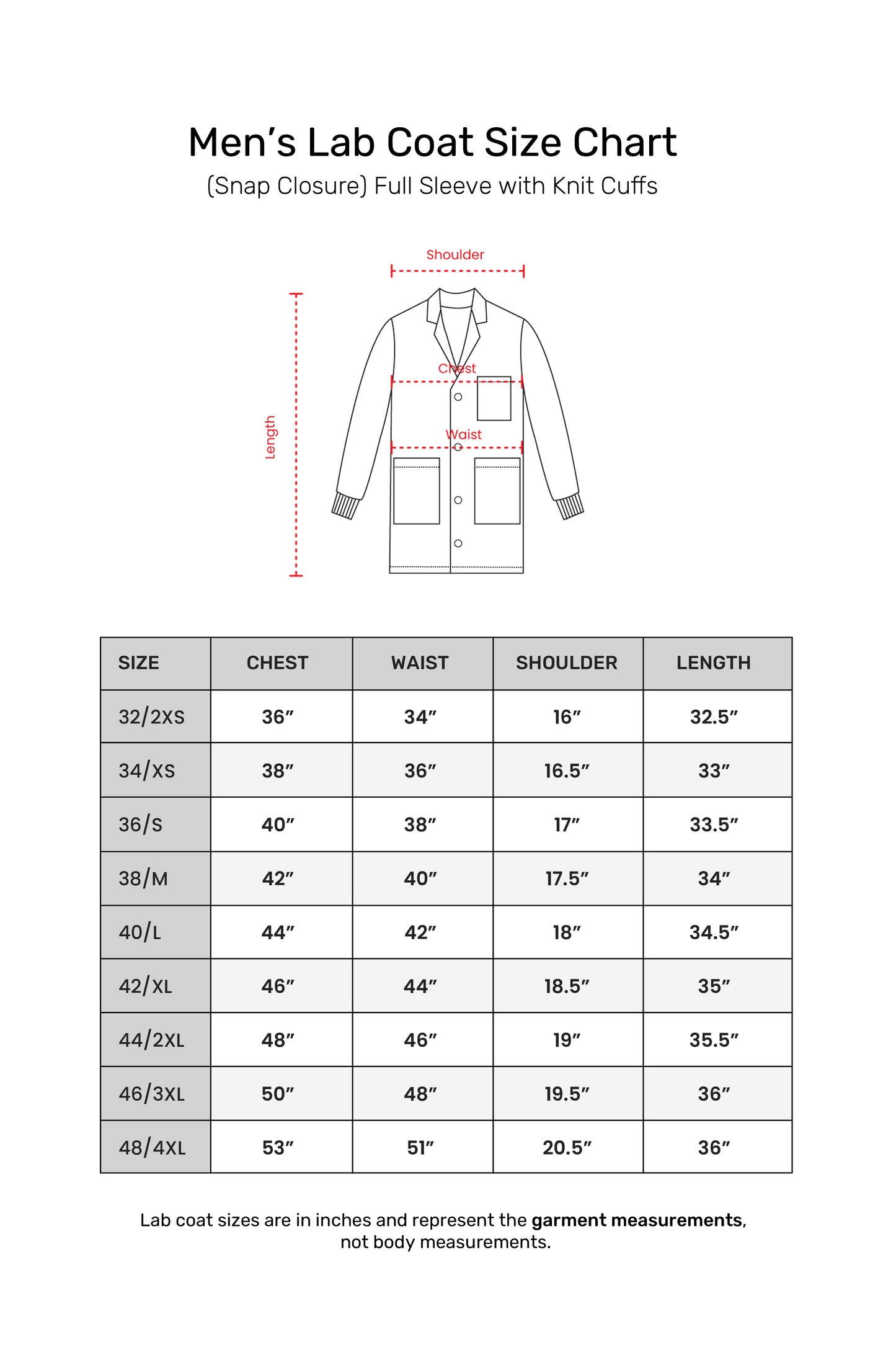 Men's Lab Coat Apron (Snap Closure) Full Sleeve with Knit Cuffs - Length 34"