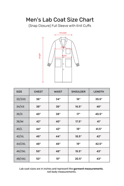 Men's Lab Coat Apron (Snap Closure) Full Sleeve with Knit Cuffs - Length 41"