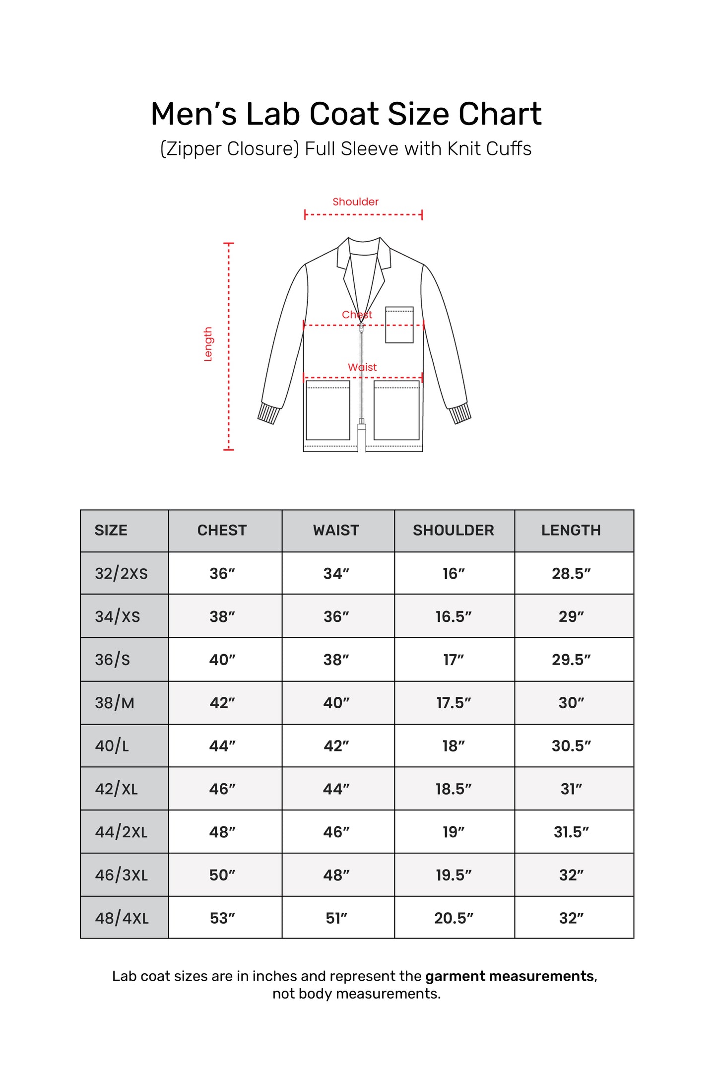 Men's Lab Coat Apron (Zipper Closure) Full Sleeve with Knit Cuffs - Length 30"