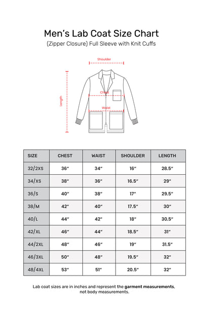 Men's Lab Coat Apron (Zipper Closure) Full Sleeve with Knit Cuffs - Length 30"