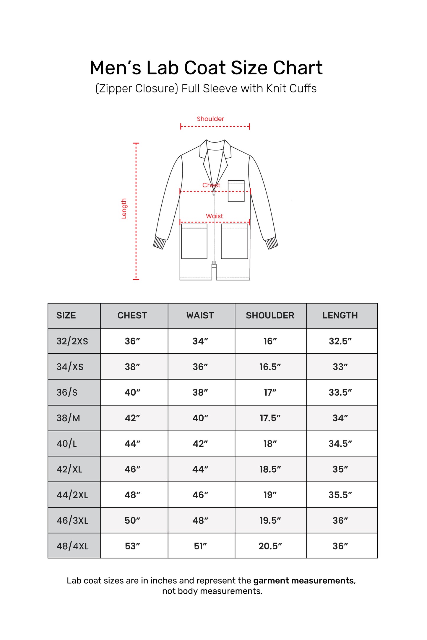 Men's Lab Coat Apron (Zipper Closure) Full Sleeve with Knit Cuffs - Length 34"