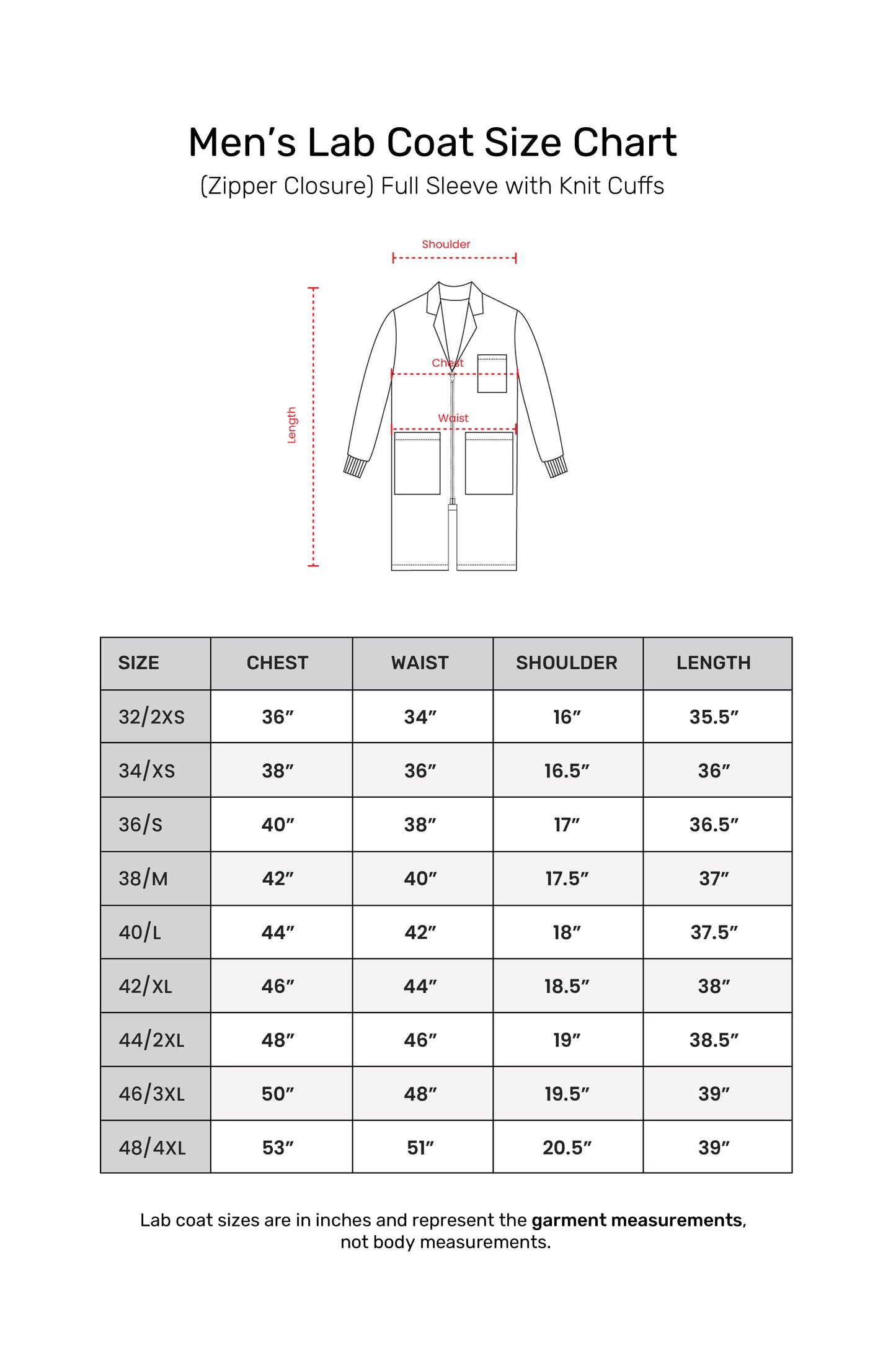 Men's Lab Coat Apron (Zipper Closure) Full Sleeve with Knit Cuffs - Length 37"