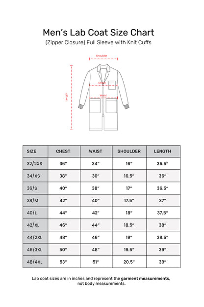 Men's Lab Coat Apron (Zipper Closure) Full Sleeve with Knit Cuffs - Length 37"
