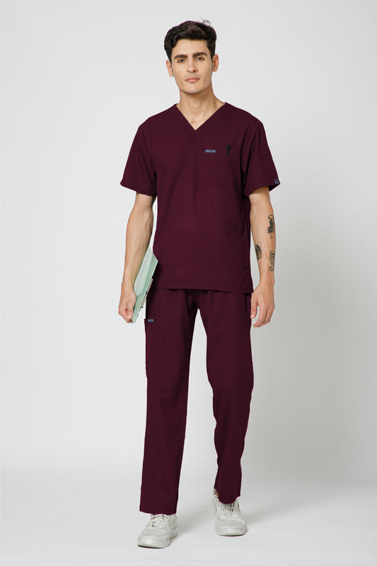 Classic Men’s V-Neck Scrub Suit (Wine)
